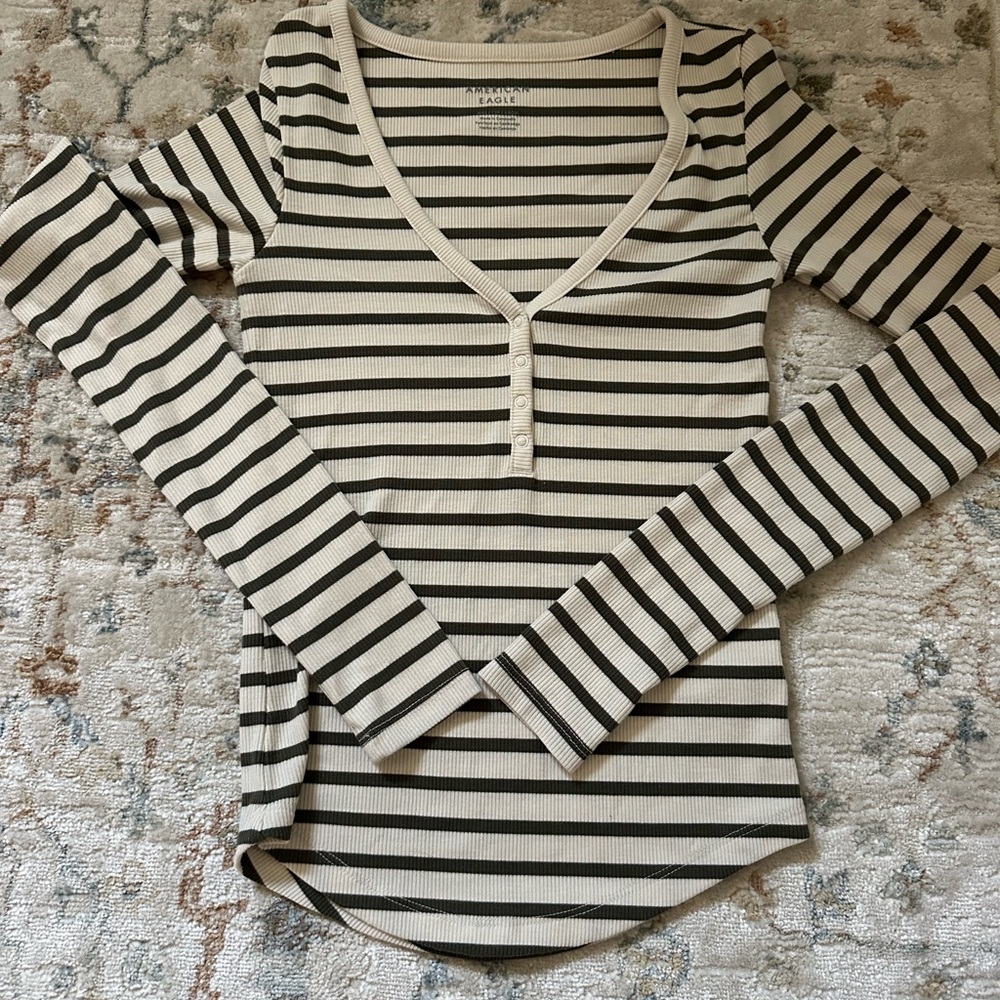 American Eagle Outfitters Brown and Cream Striped V-Neck Blouse